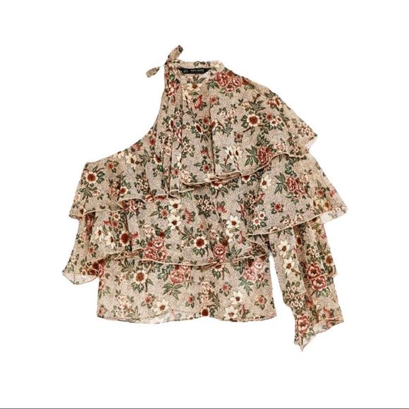 Zara XS One Sleeve Floral Ruffle Blouse - Picture 2 of 4
